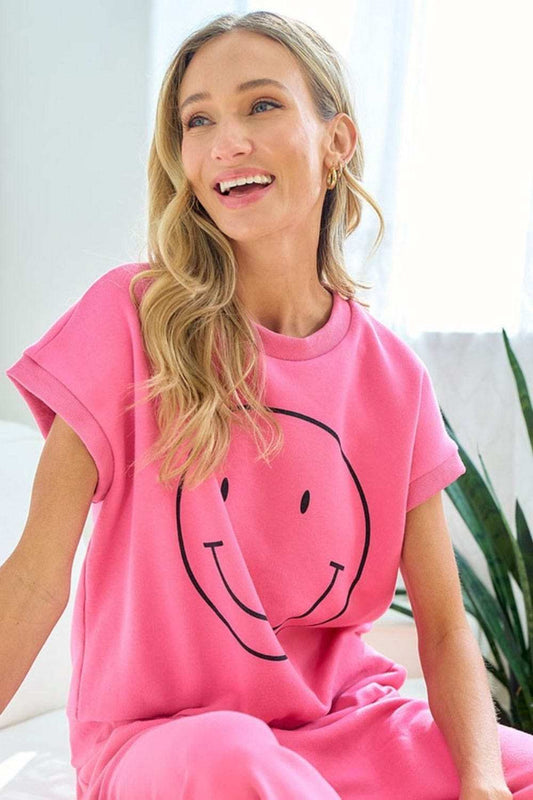 First Love Smile Face Drop Shoulder Brushed Inside T-Shirt - Trendsi - Flyclothing LLC