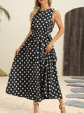 Polka Dot Round Neck Sleeveless Midi Dress - Trendsi - Flyclothing LLC