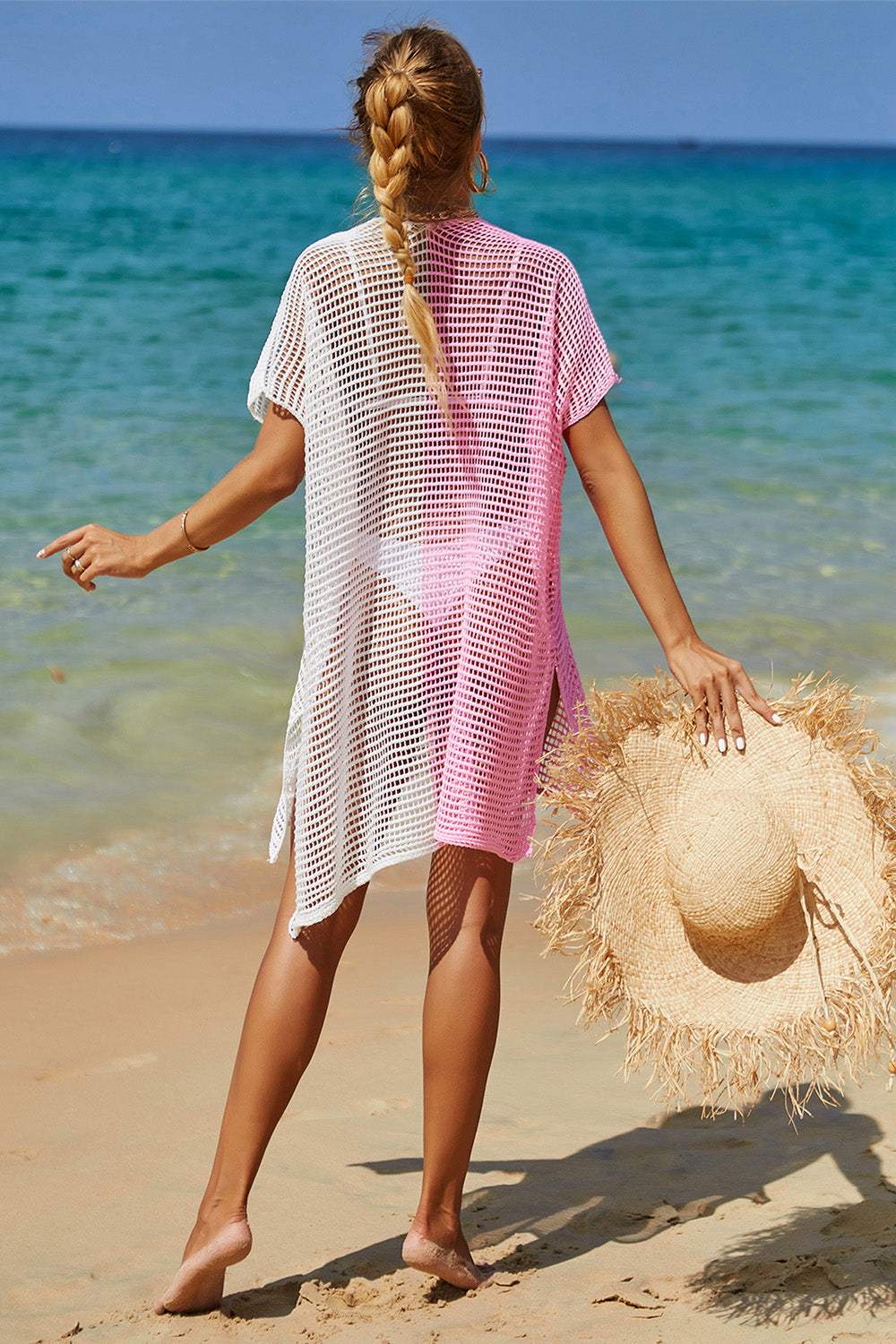 Double Take Openwork Contrast Slit Knit Cover Up - Trendsi - Flyclothing LLC