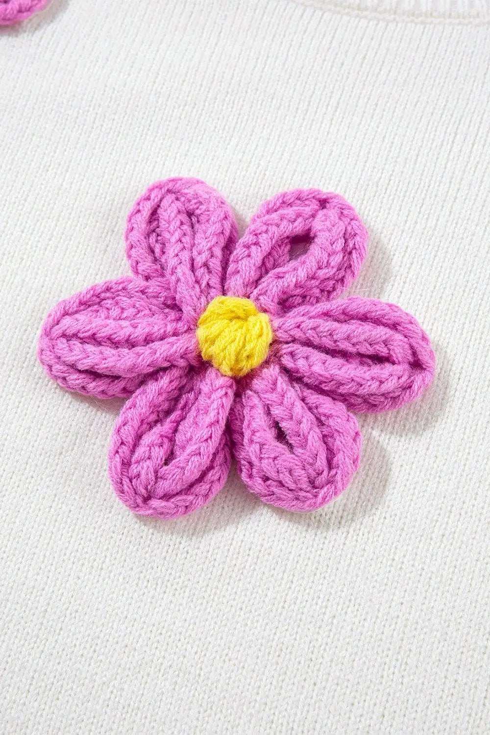 Crochet Flower Round Neck Long Sleeve Sweater - Trendsi - Flyclothing LLC