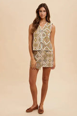 Annie Wear Ethnic Woven Jacquard Tie Front Vest - Trendsi - Flyclothing LLC