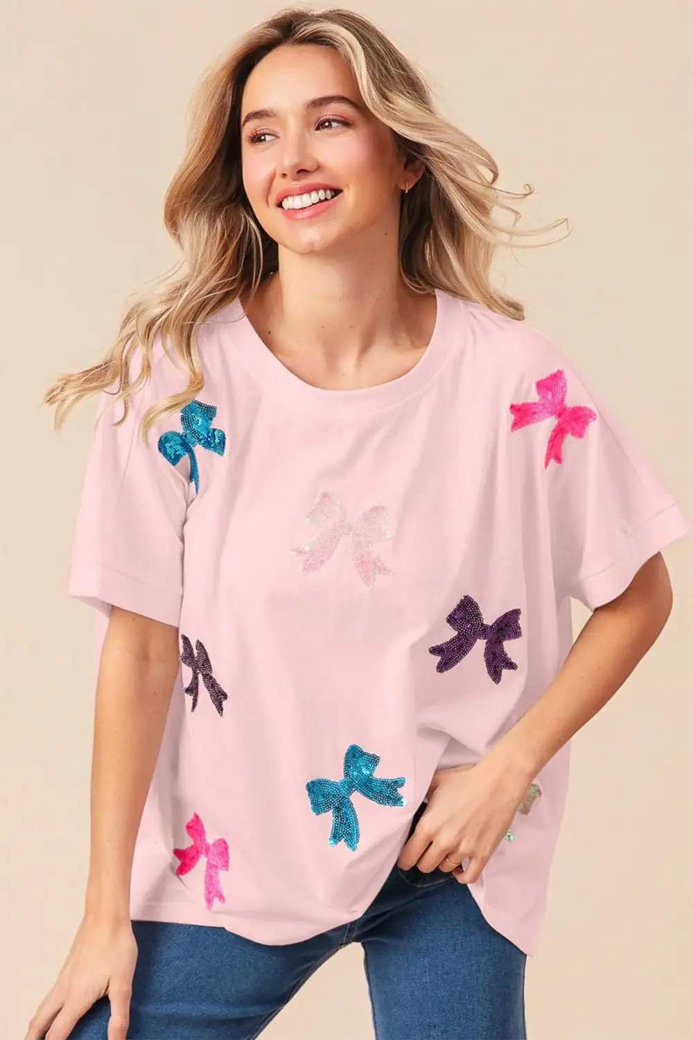 BiBi Sequin Bow Patch Short Sleeve T-Shirt - Trendsi - Flyclothing LLC