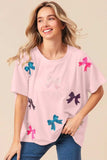 BiBi Sequin Bow Patch Short Sleeve T-Shirt - Trendsi - Flyclothing LLC