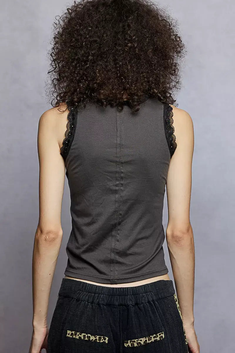 POL Round Neck Cropped Tank with Lace Trim - Trendsi - Flyclothing LLC