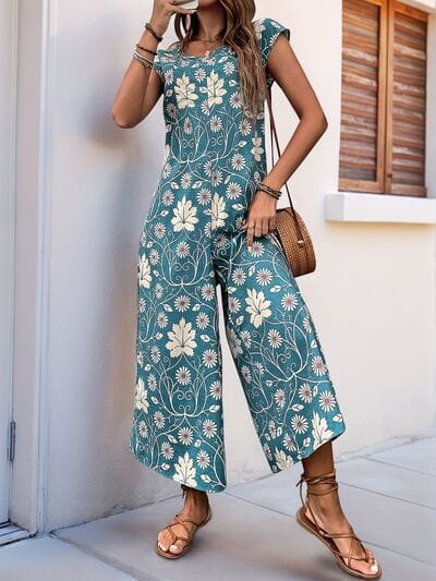 Perfee Printed Round Neck Cap Sleeve Wide Leg Jumpsuit - Trendsi