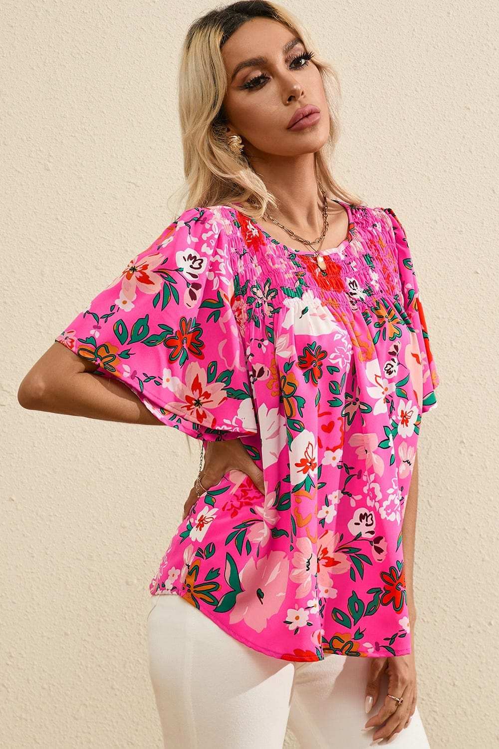 Smocked Printed Round Neck Half Sleeve Blouse - Trendsi - Flyclothing LLC