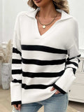 Striped Collared Neck Long Sleeve Sweater - Trendsi - Flyclothing LLC
