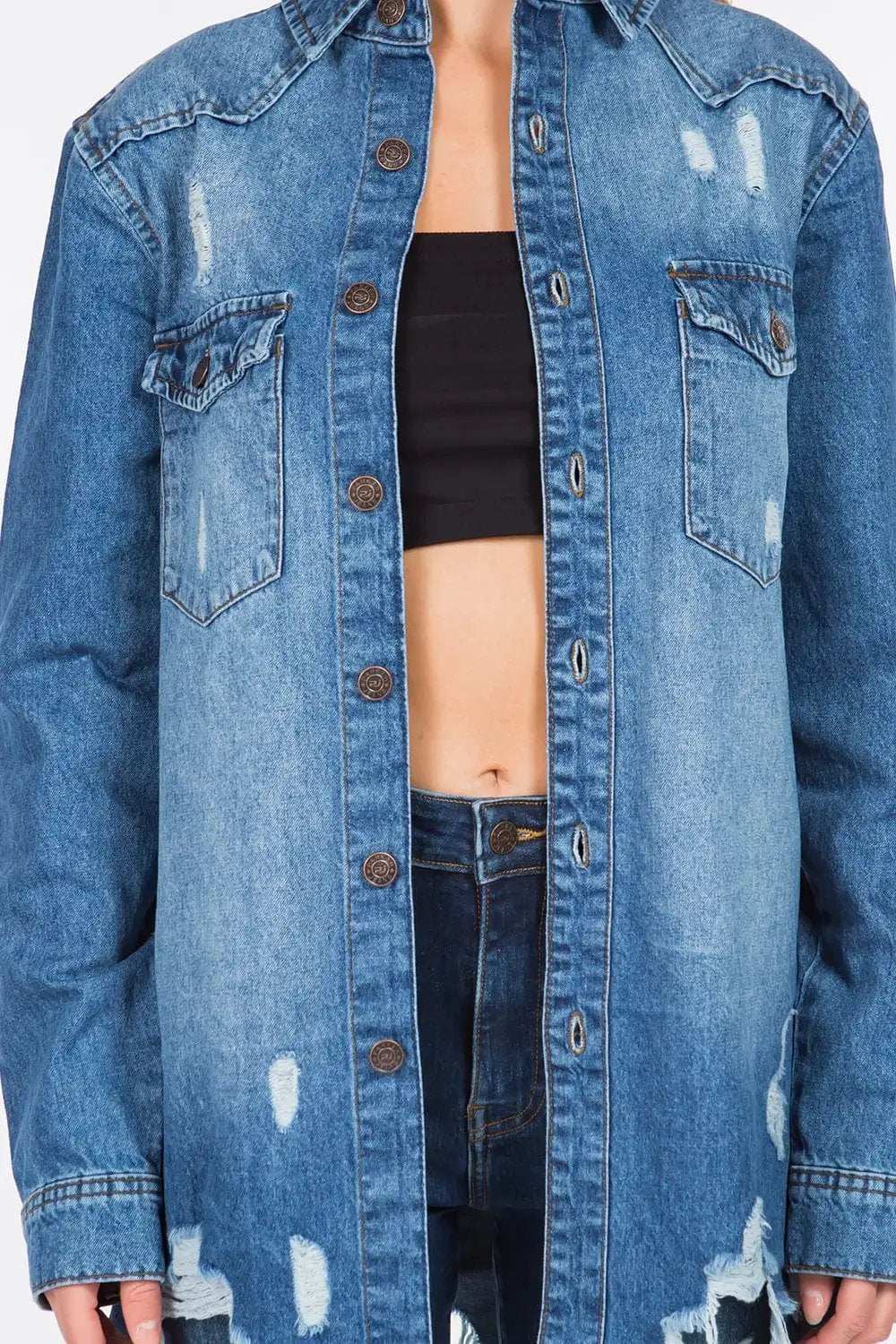 American Bazi Distressed Frayed Hem Denim Jacket - Trendsi - Flyclothing LLC