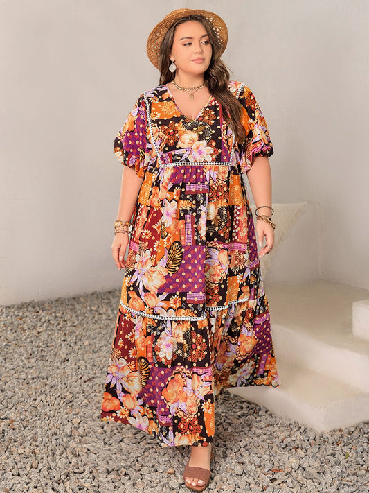 Plus Size Printed V-Neck Half Sleeve Maxi Dress - Trendsi
