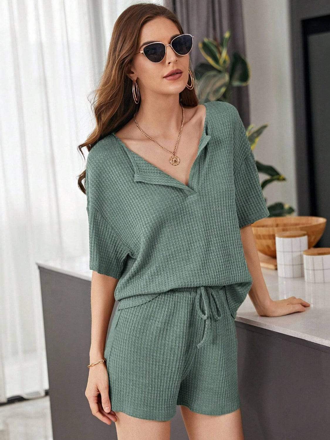 Full Size Waffle-Knit Dropped Shoulder Top and Shorts Set - Trendsi - Flyclothing LLC