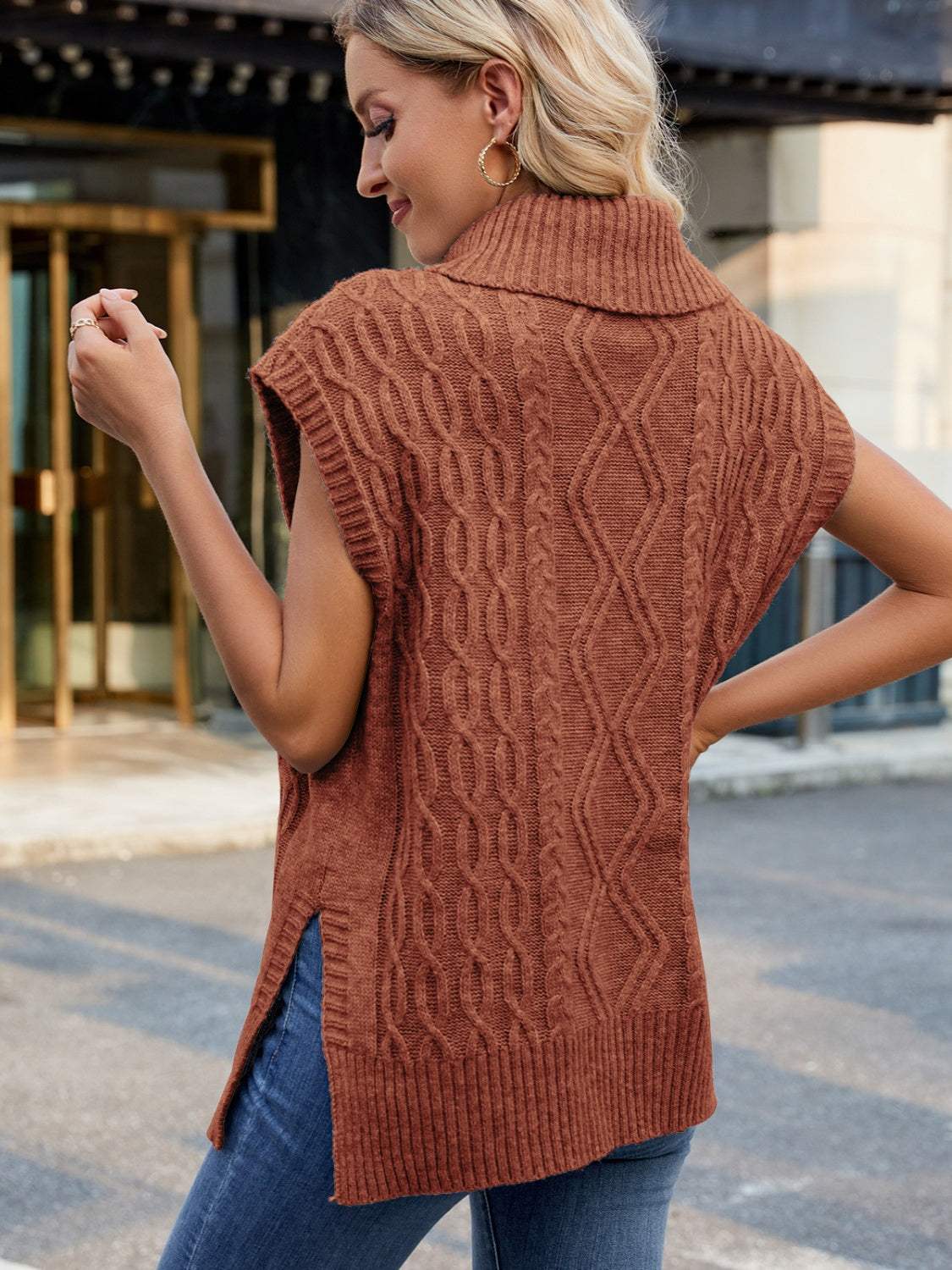 Side Slit Turtleneck Sweater Vest - Trendsi - Flyclothing LLC