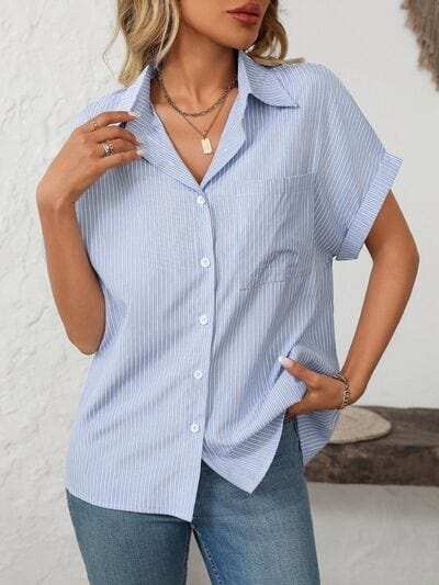 Mandy Pocketed Striped Collared Neck Short Sleeve Shirt - Trendsi - Flyclothing LLC