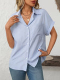 Mandy Pocketed Striped Collared Neck Short Sleeve Shirt - Trendsi