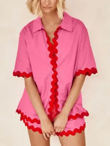 Contrast Trim Half Sleeve Top and Shorts Set - Trendsi - Flyclothing LLC