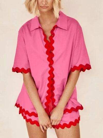 Contrast Trim Half Sleeve Top and Shorts Set - Trendsi - Flyclothing LLC