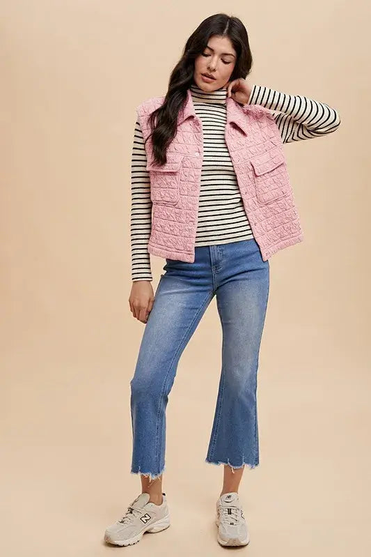 Annie Wear Texture Quilted Snap Down Vest Coat - Trendsi - Flyclothing LLC