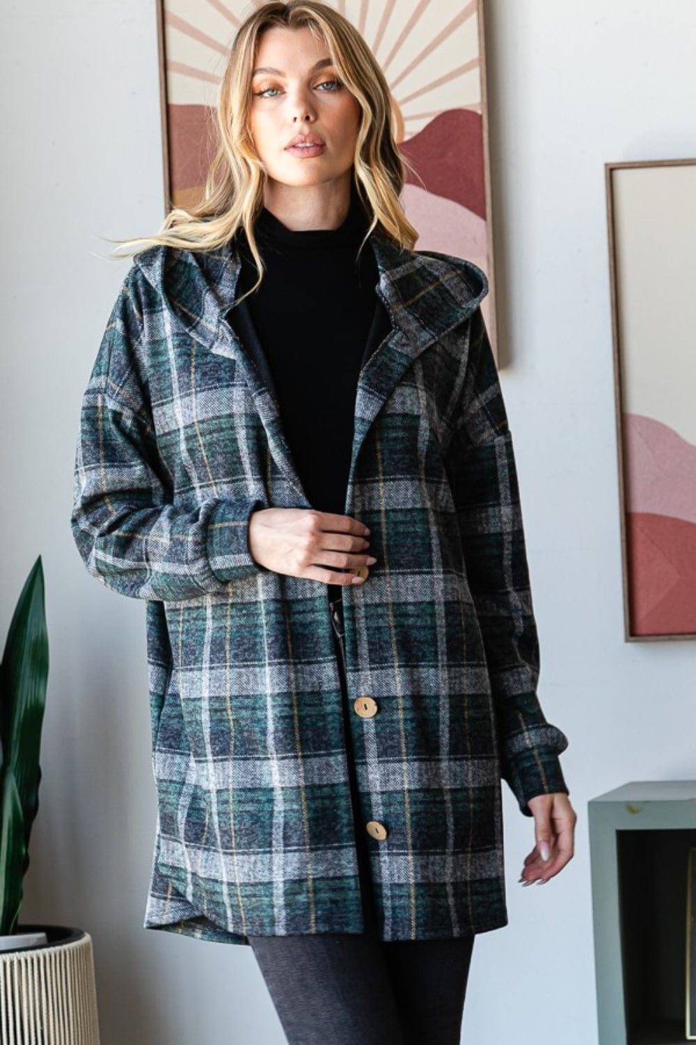 Heimish Plaid Button Down Long Sleeve Hooded Cardigan - Trendsi