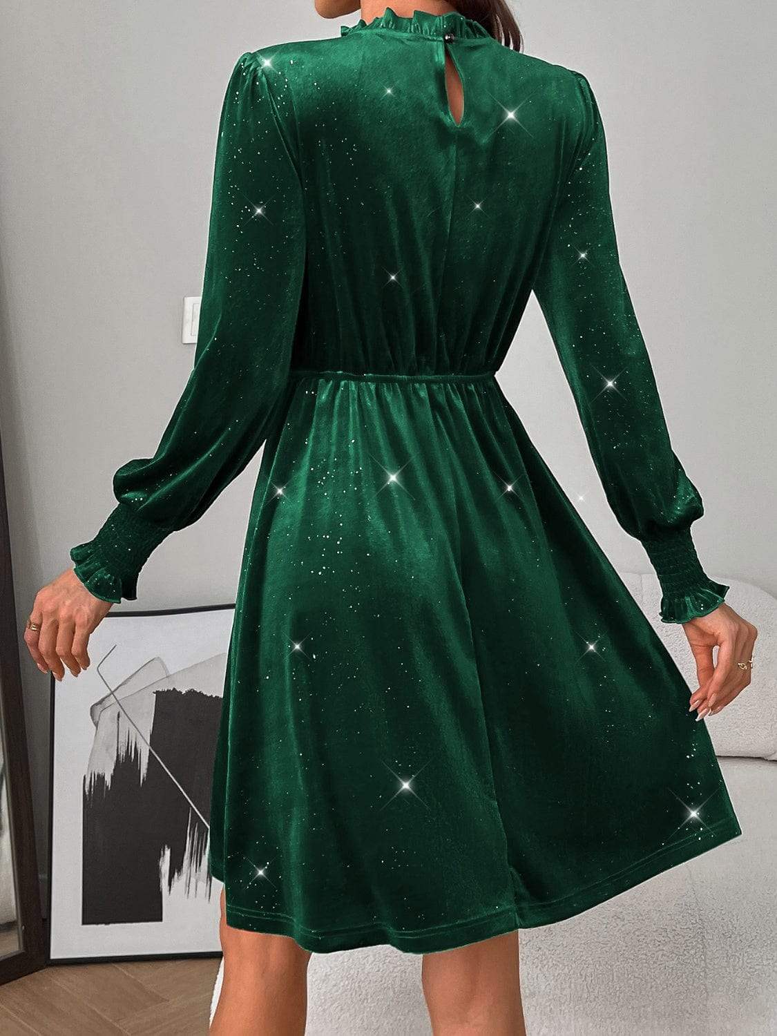 Glitter Mock Neck Long Sleeve Mini Dress - Trendsi - Flyclothing LLC