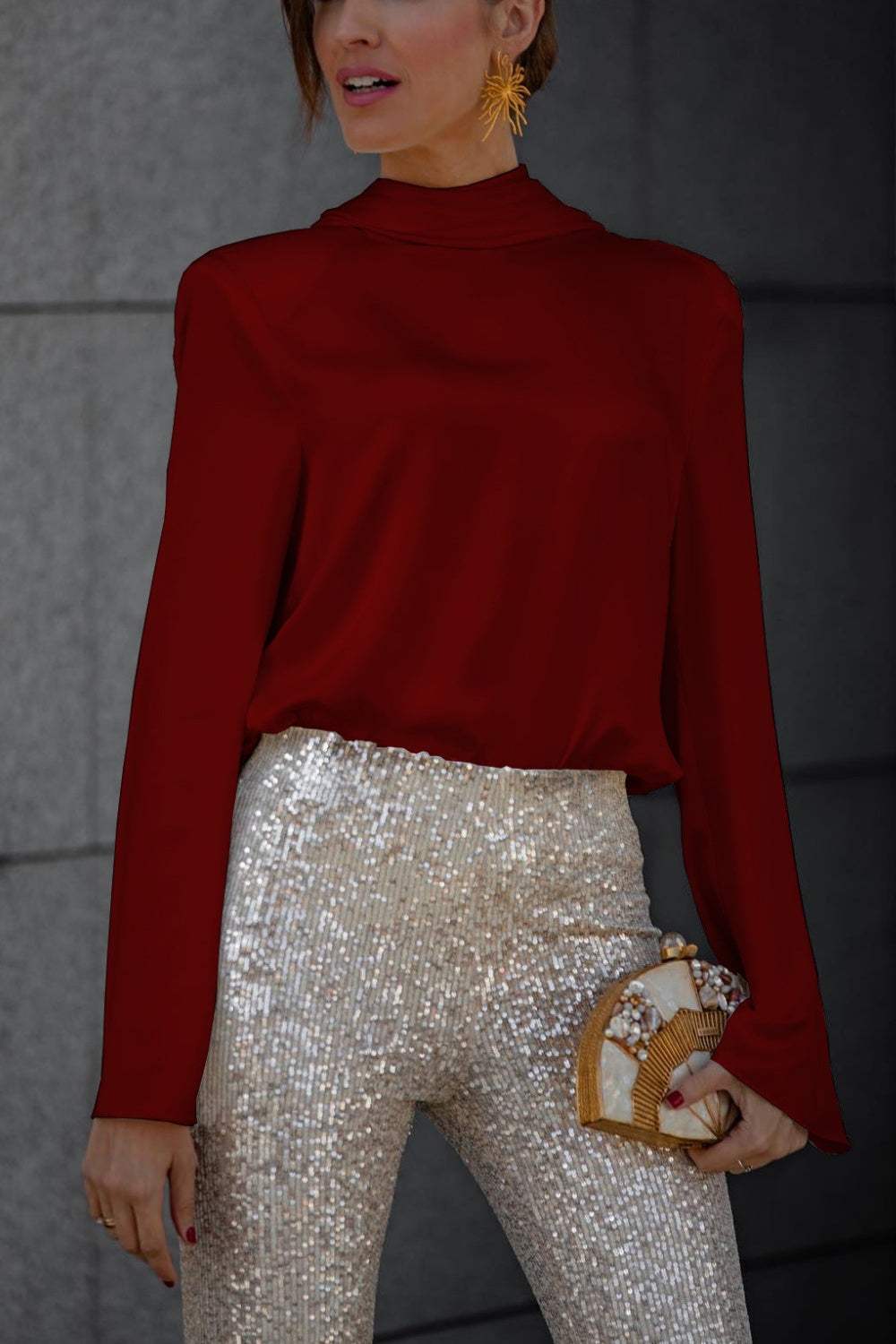 Backless Cowl Neck Long Sleeve Blouse - Trendsi - Flyclothing LLC