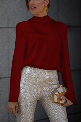Backless Cowl Neck Long Sleeve Blouse - Trendsi - Flyclothing LLC