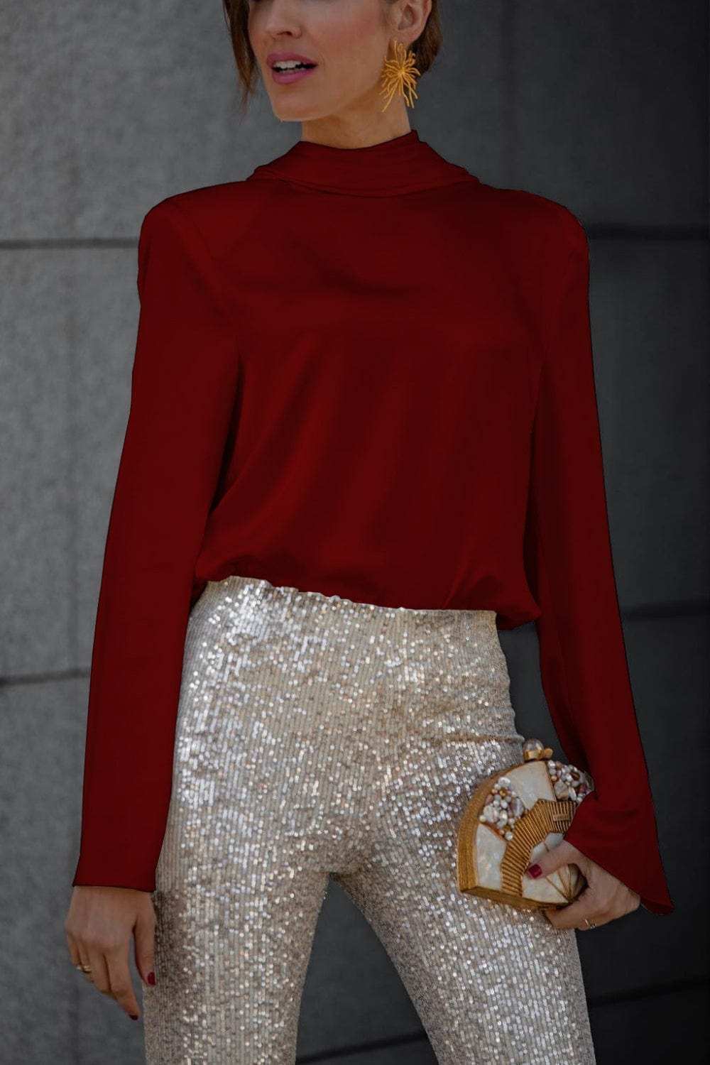 Backless Cowl Neck Long Sleeve Blouse - Trendsi - Flyclothing LLC