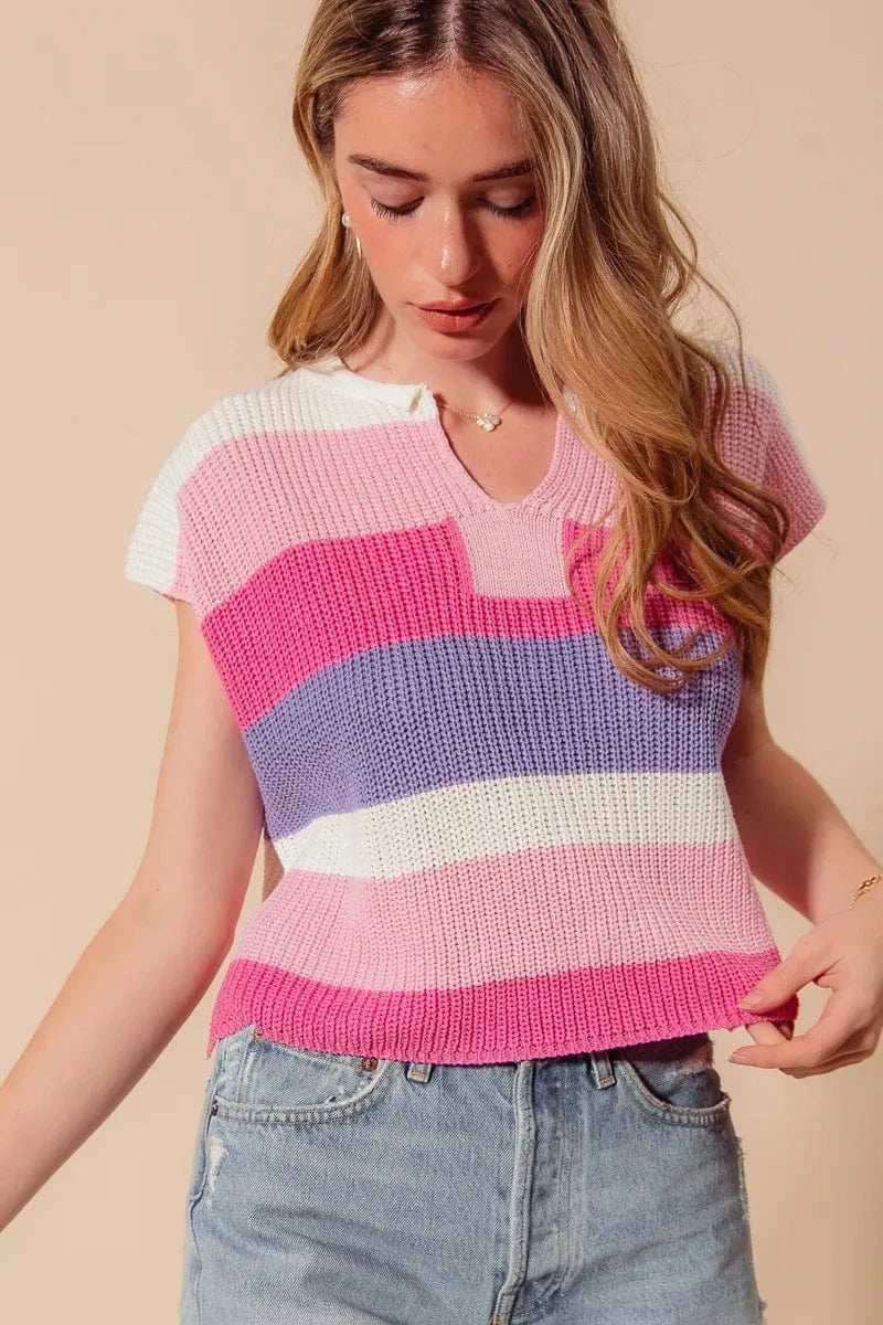 SO ME Multi Color Stripe Loose Fit Cap Sleeve Sweater Top - Trendsi - Flyclothing LLC