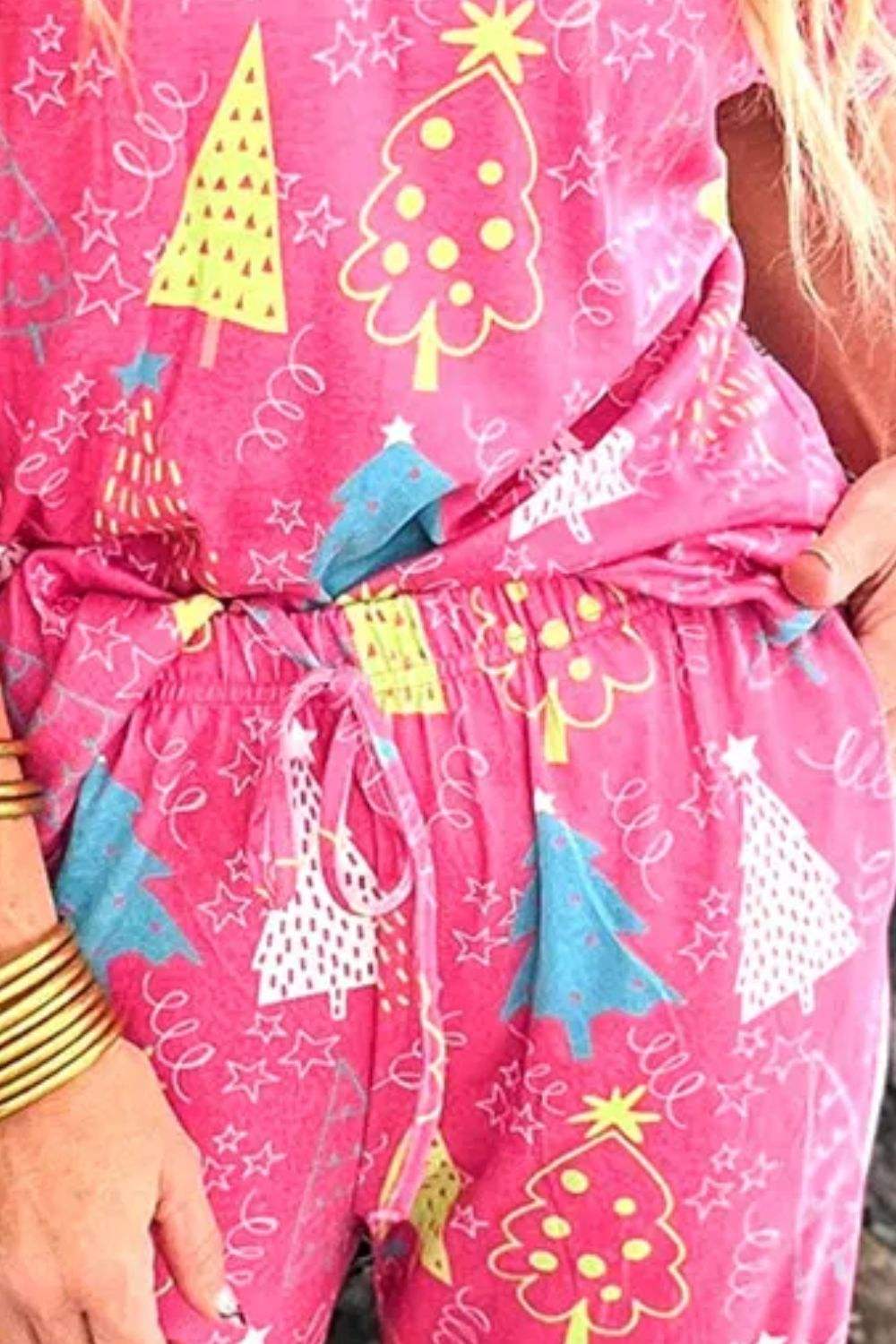 Printed V-Neck Short Sleeve Top and Pants Lounge Set - Trendsi - Flyclothing LLC