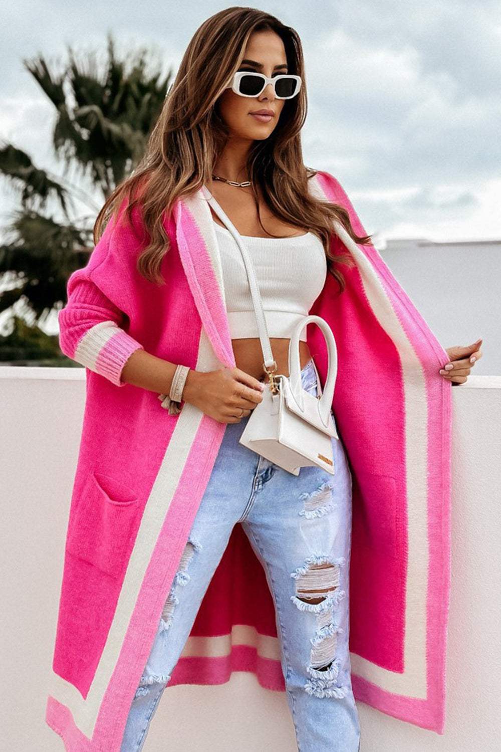 Pocketed Contrast Long Sleeve Hooded Cardigan - Trendsi - Flyclothing LLC