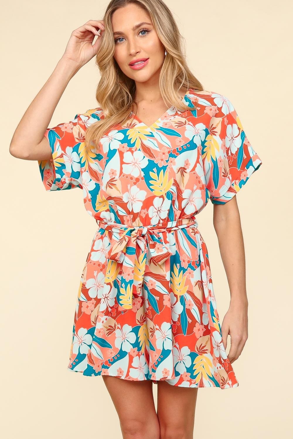 Haptics Tropical Floral Short Sleeve Tied Romper - Trendsi