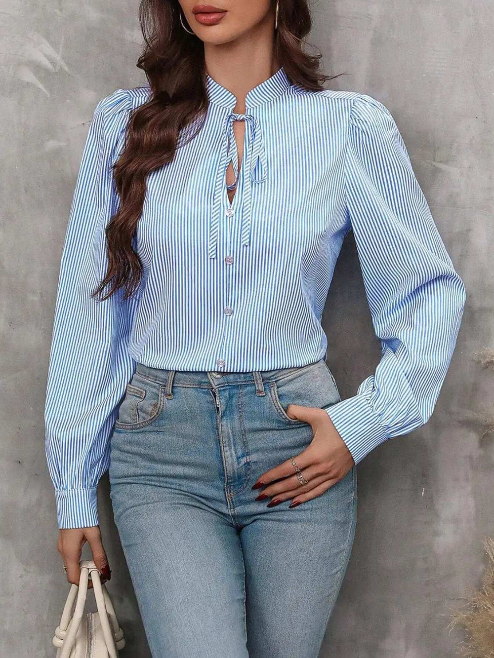 Striped Tie Neck Long Sleeve Blouse - Trendsi - Flyclothing LLC