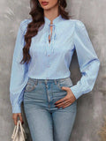 Striped Tie Neck Long Sleeve Blouse - Trendsi - Flyclothing LLC
