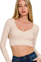Zenana Seamless Fitted Rib V-neck Long Sleeve Crop Top - Trendsi - Flyclothing LLC