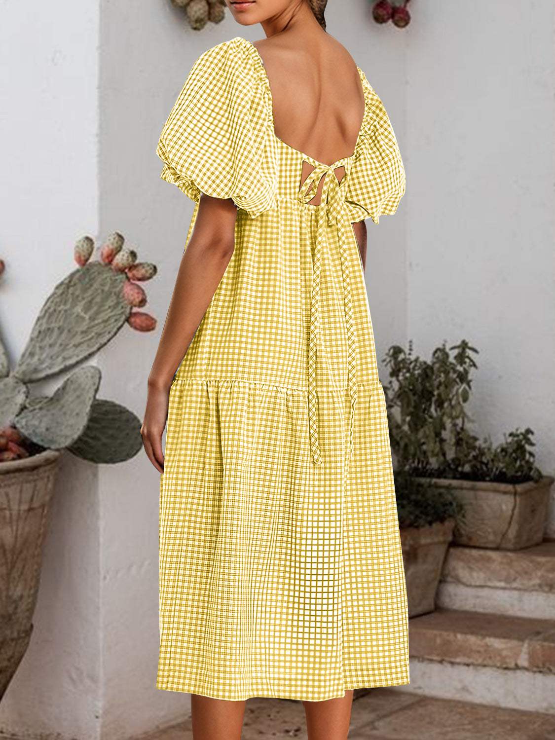Plaid Square Neck Short Sleeve Dress - Trendsi - Flyclothing LLC