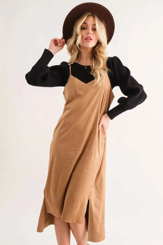 And The Why Faux Suede Cut Edge Slit Cami Midi Dress - Trendsi - Flyclothing LLC