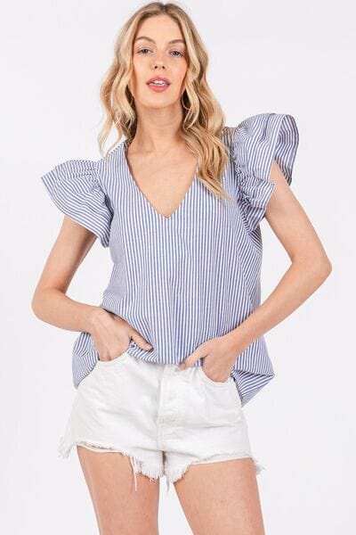 Ces Femme Striped V-Neck Ruffled Cap Sleeve Blouse - Trendsi - Flyclothing LLC
