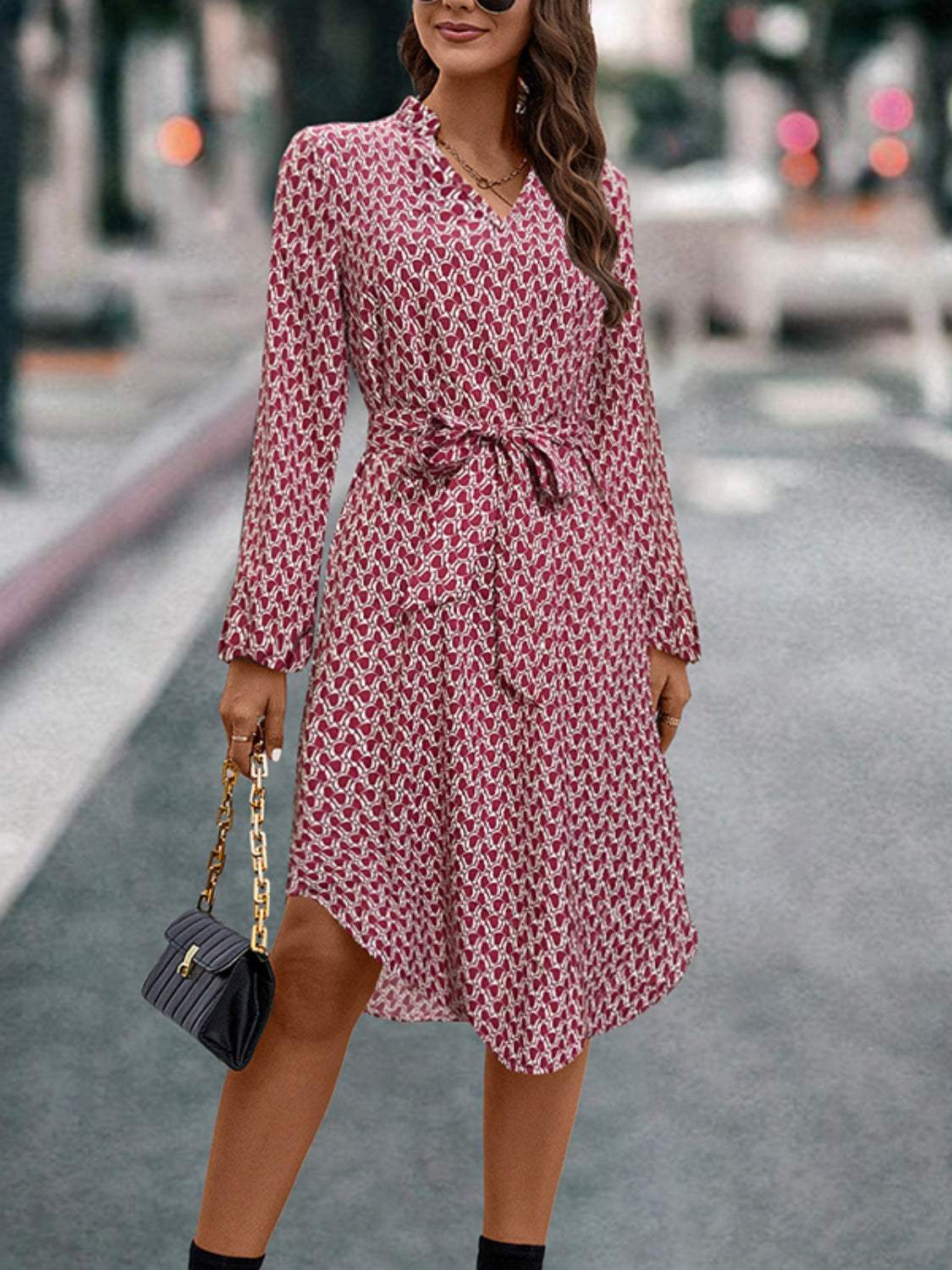Tied Printed Notched Balloon Sleeve Dress - Trendsi - Flyclothing LLC