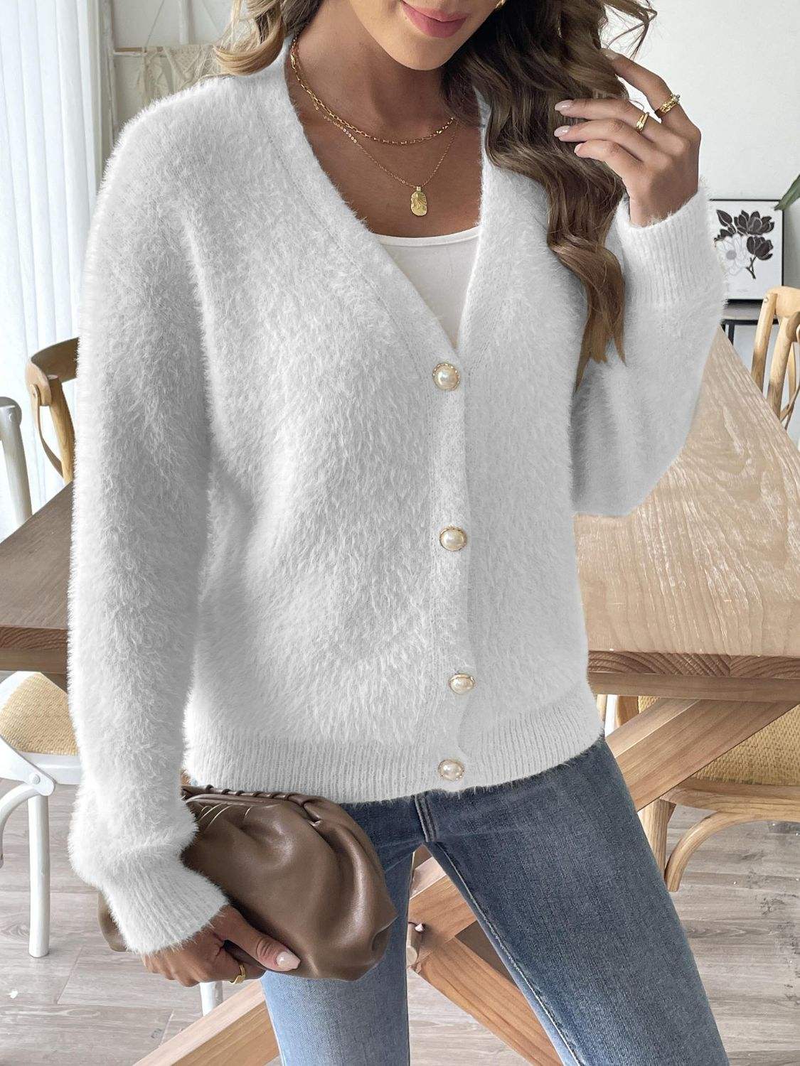 Button Up V-Neck Long Sleeve Cardigan - Trendsi - Flyclothing LLC