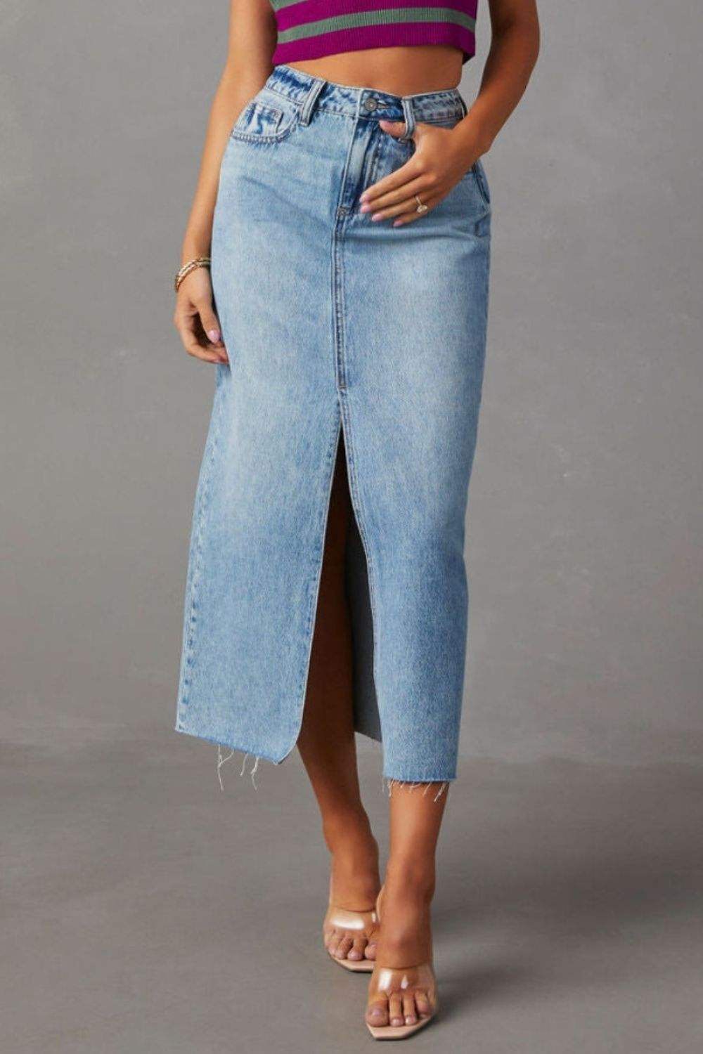 Slit Raw Hem Midi Denim Skirt - Trendsi - Flyclothing LLC