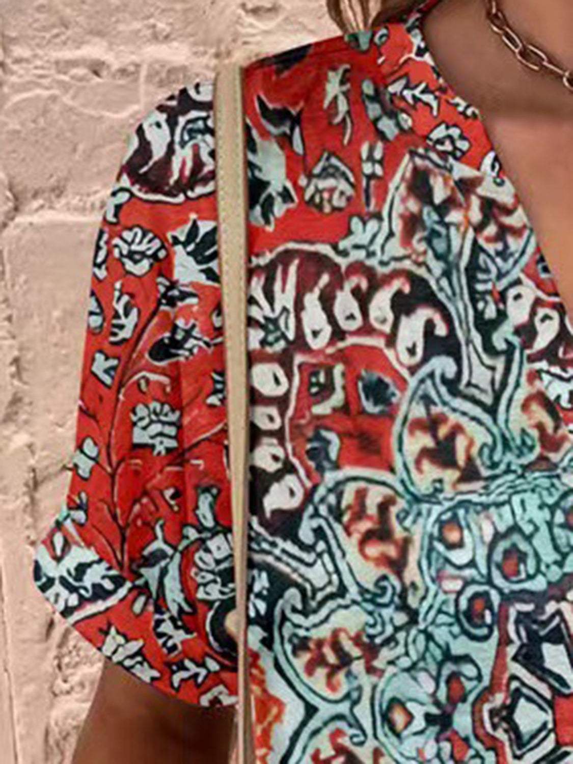 Full Size Printed Notched Short Sleeve Blouse - Trendsi - Flyclothing LLC