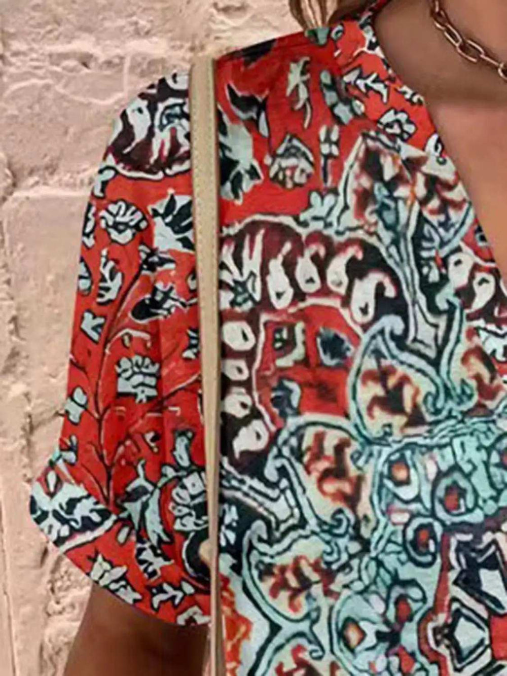 Full Size Printed Notched Short Sleeve Blouse - Trendsi - Flyclothing LLC