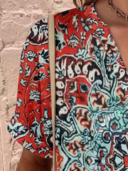 Full Size Printed Notched Short Sleeve Blouse - Trendsi