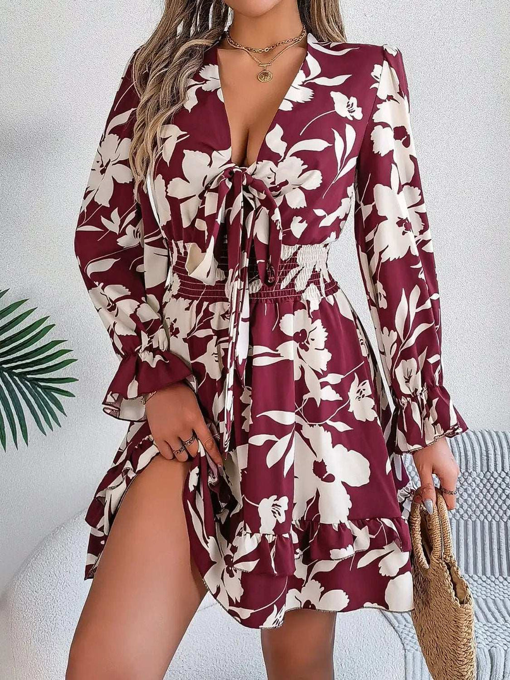 Tied Ruffled Printed Long Sleeve Dress - Trendsi - Flyclothing LLC