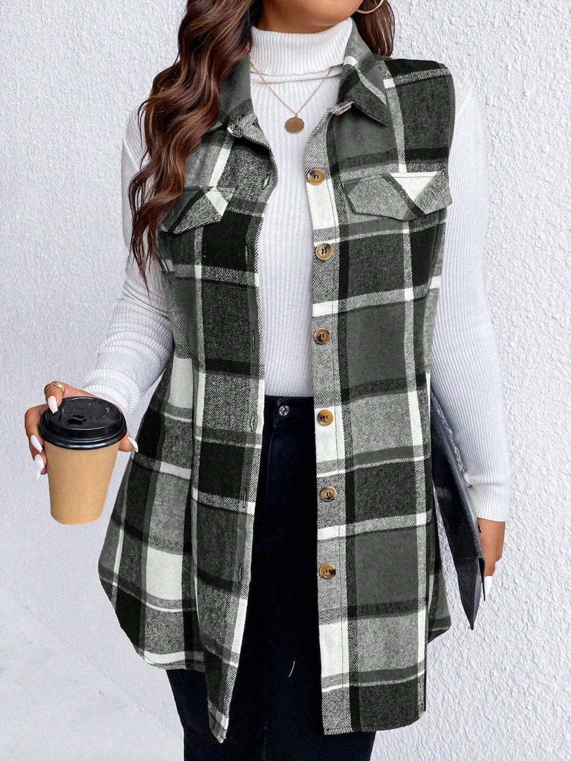 Honey Plus Size Pocketed Plaid Button Up Vest Coat - Trendsi