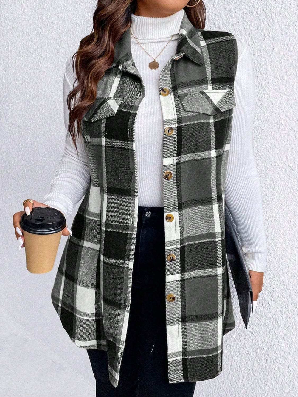 Honey Plus Size Pocketed Plaid Button Up Vest Coat - Trendsi - Flyclothing LLC