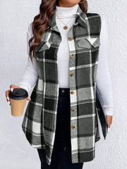 Honey Plus Size Pocketed Plaid Button Up Vest Coat - Trendsi