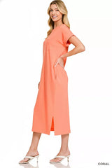 Zenana Round Neck Short Sleeve Midi Dress - Trendsi - Flyclothing LLC