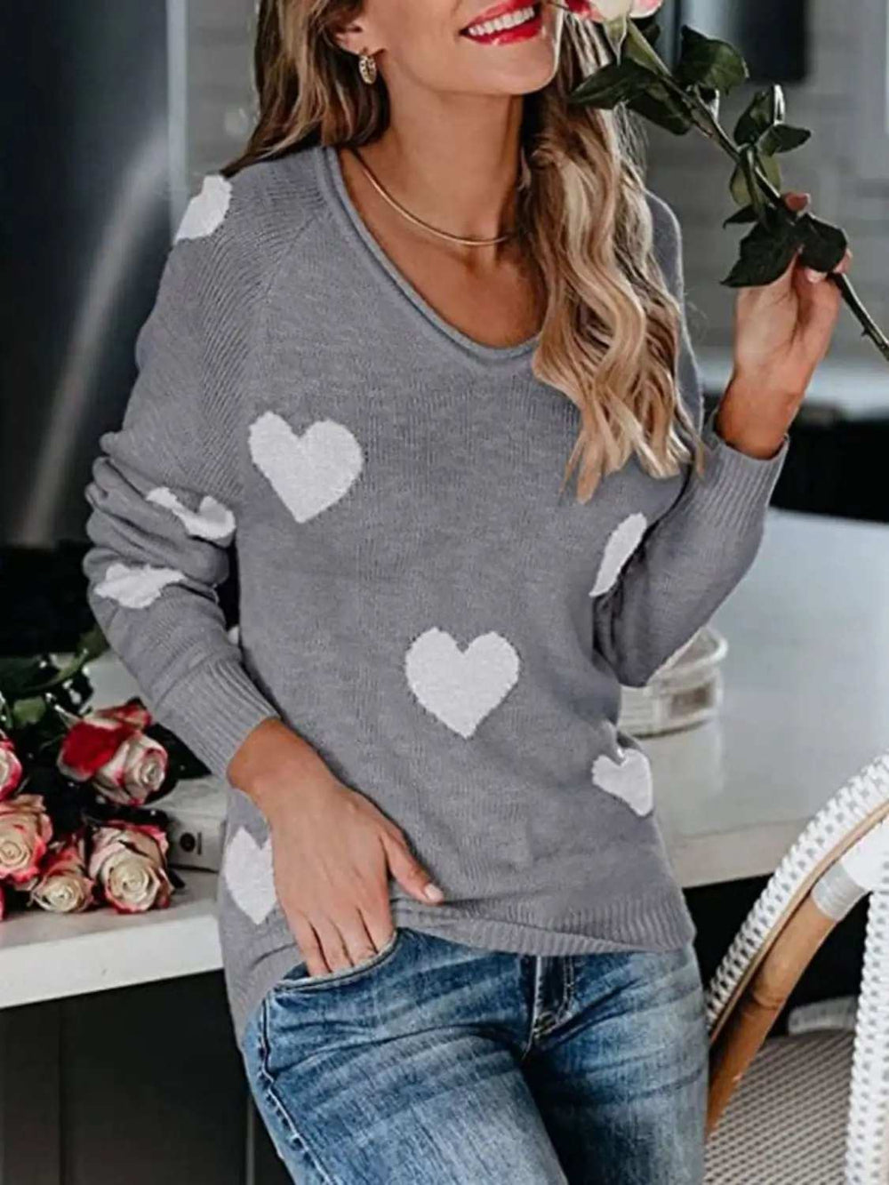 Heart Scoop Neck Long Sleeve Sweater - Trendsi - Flyclothing LLC
