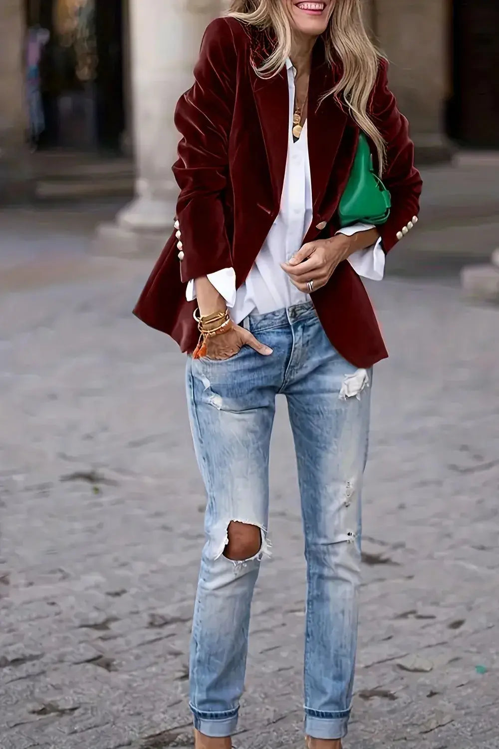 One Button Lapel Collar Long Sleeve Blazer - Trendsi - Flyclothing LLC