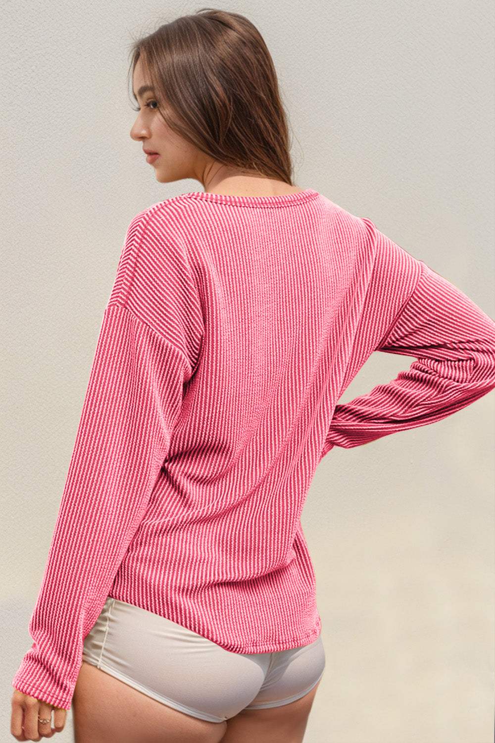 Double Take Striped Notched Long Sleeve T-Shirt - Trendsi - Flyclothing LLC