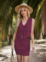 Openwork V-Neck Top and Skirt Knit Cover Up Set - Trendsi - Flyclothing LLC